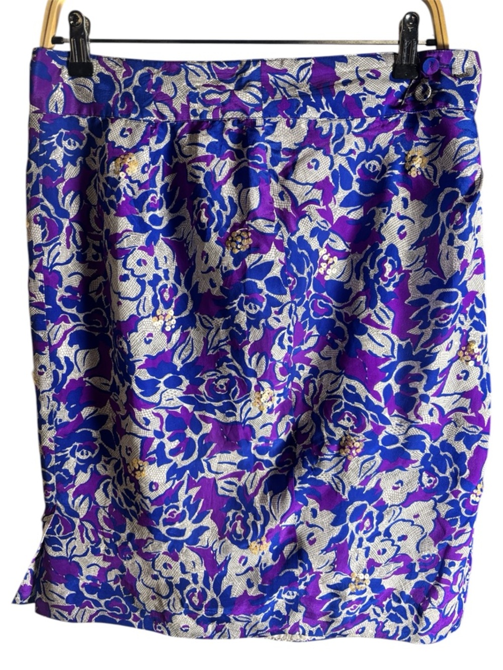 Fei 100% Silk Floral Sequin Pencil Skirt Purple Blue Whimsigoth Y2K Size 12